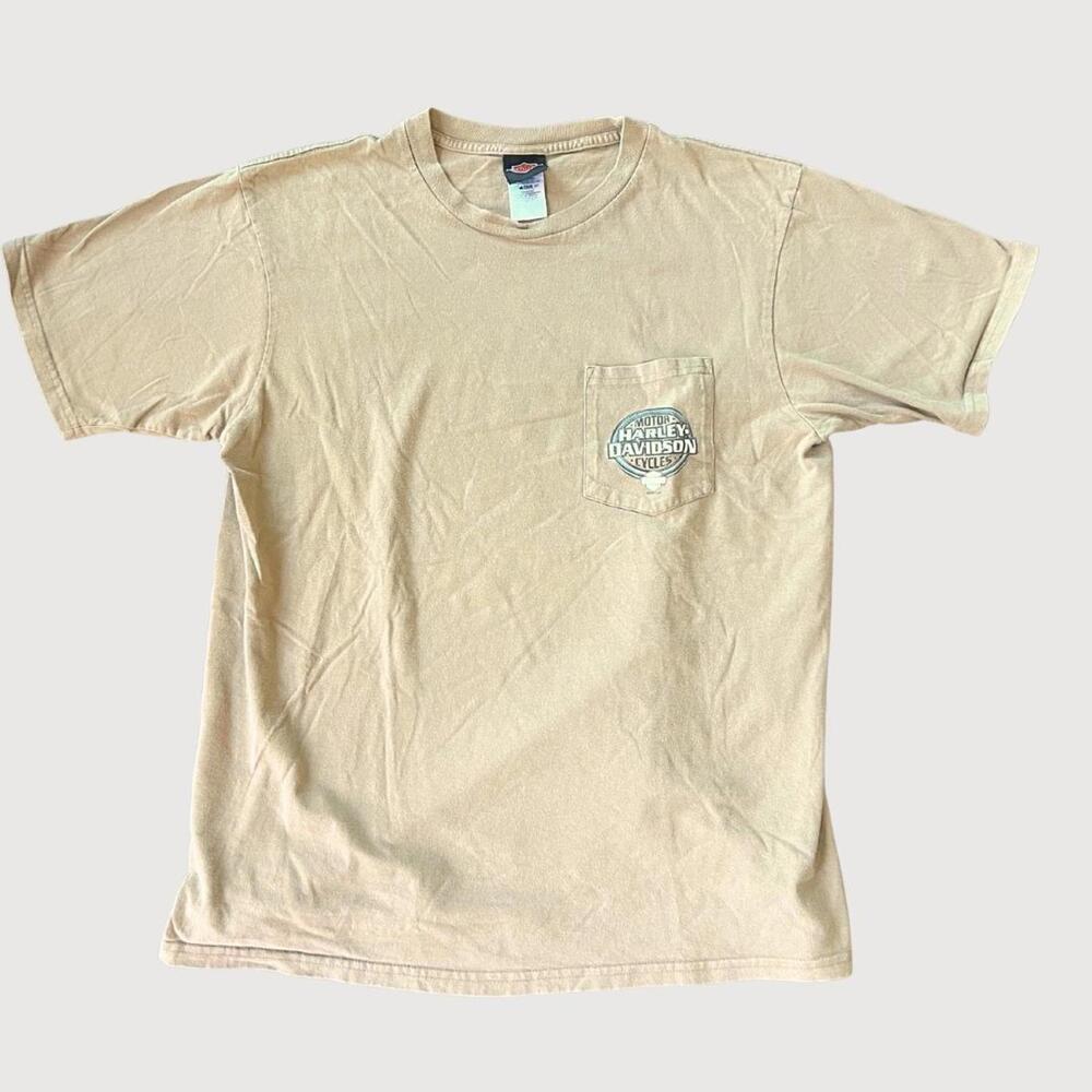 Vintage Harley Davidson Visalia CA Pocket T Shirt Graphic Back Print Tan XL